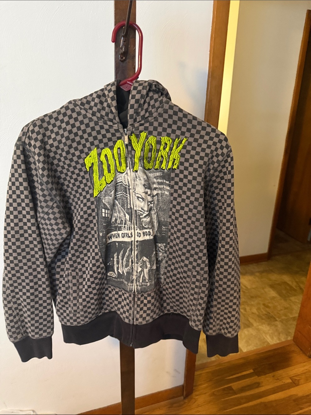 Zoo York Gray & Black Checkerboard Zip Hoodie with Neon Yellow Logo
